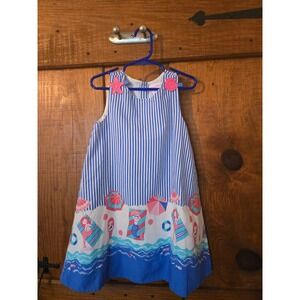 Tommy Bahama Girls Blue White Striped Mermaid Beach Scene Dress Size 5